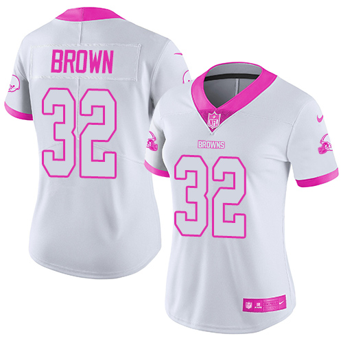 Women's Limited Jim Brown Nike Jersey White/Pink - #32 Rush Fashion NFL Cleveland Browns